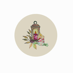 Draw with watercolors.Christmas candle.Sticker for design.Logo, sticker.