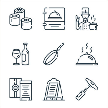 Restaurant Line Icons. Linear Set. Quality Vector Line Set Such As Corkscrew, Daily Specials Board, Menu, Cloche, Pan, Wine, Chef, Menu.