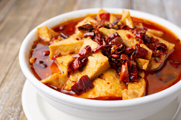 A view of a bowl of mapo tofu.