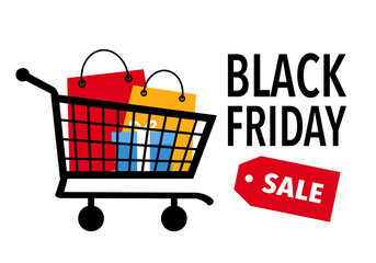 Black Friday sale banner with shopping cart, bags and gift in flat design on white background. Design for poster, website, advertisement. Online shopping promotion.