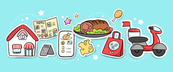 cute hand draw doodle illustration banner sticker style banner in theme of food and courier online order and delivery 