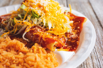 A closeup view of an enchilada plate.