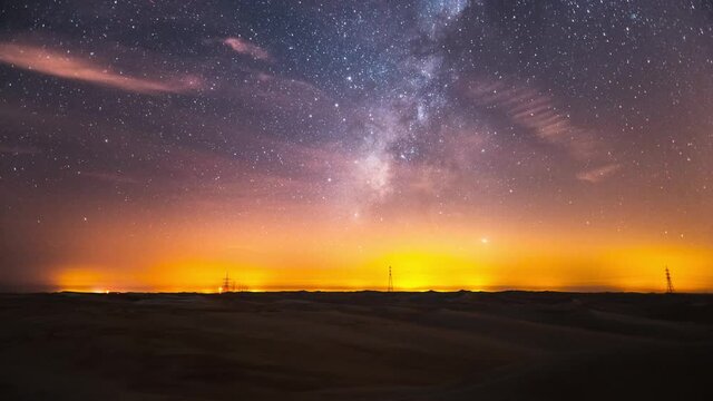 Amazing Time-lapse of Shooting Stars and Milky Way Tilting Down to Reveal Orange Light Illuminating the Horizon