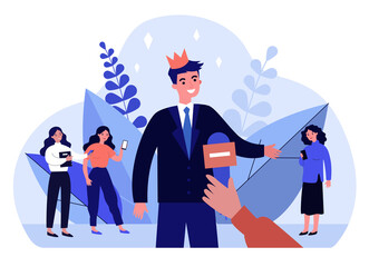 Popular man in crown giving interview. Celebrity, microphone, hand flat vector illustration. Popularity and fame concept for banner, website design or landing web page