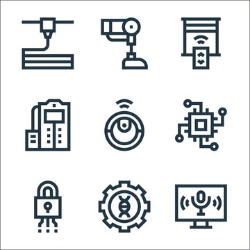 Futuristic Technology Line Icons. Linear Set. Quality Vector Line Set Such As Voice Control, Gene Therapy, Cyber Security, Chip, Robot Vacuum Cleaner, Cryogenic, Blinds, Bionic Leg.