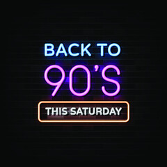 Back to 90s neon signs vector. Design template neon sign