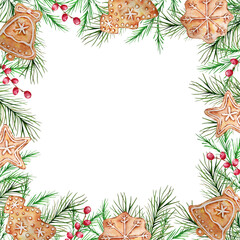 Watercolor Christmas frame with winter fir and pine branches