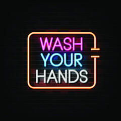 Fototapeta na wymiar Wash your hands neon signs vector. Design template neon sign