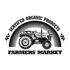 Fototapeta na wymiar Farmers market emblem vector illustration. Farmers tractor, rising sun silhouette, certified organic product text. Agriculture or agronomy concept for emblems, stamps, labels templates