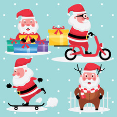 Christmas and new year festive collection feature picture set of santa claus with gift, riding motorbike, and skateboard on a light blue background