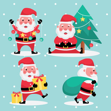 Christmas and new year festive collection feature picture set of santa claus with christmas tree, yellow gift and green bag on light blue background