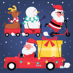 Christmas and new year festive collection feature picture set of santa claus with reindeer, snowman, red cart and gift on a car with dark blue background