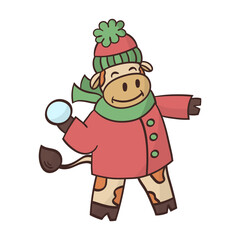 The bull plays in the snow in winter. Symbol of 2021