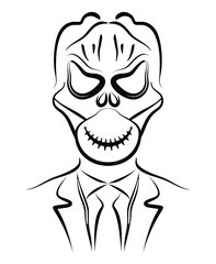 Vector line art of man in suit with pumpkin wearing medical face mask