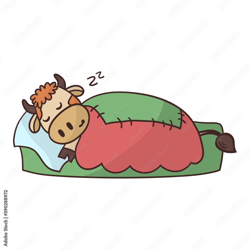 Wall mural cartoon bull sleeps in bed under a blanket. symbol of 2021