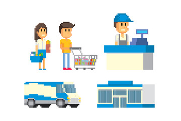 Hypermarket collection, seller, merchandiser, checkout, showcase, goods, transport. Pixel art. Old school computer graphic. 8 bit video game. Game assets 8-bit sprite. 16-bit.