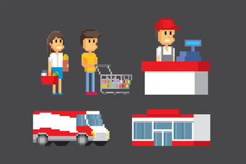 Hypermarket collection, seller, merchandiser, checkout, showcase, goods, transport. Pixel art. Old school computer graphic. 8 bit video game. Game assets 8-bit sprite. 16-bit.