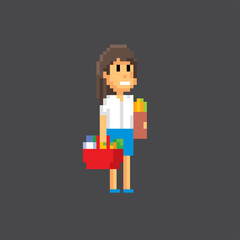 Woman shopper with shopping basket. Pixel art. Old school computer graphic. 8 bit video game. Game assets 8-bit sprite. 16-bit.