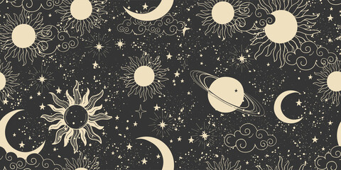 Seamless black space pattern with sun, crescent and stars on a blue background. Mystical ornament of the night sky for wallpaper, fabric, astrology, fortune telling. Vector illustration. © Salomi art