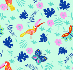 Vector illustration with toucans and butterflies. Hand drawn drawing about birds and insects. Seamless pattern for boys and girls. Children's design template for fabrics and textiles