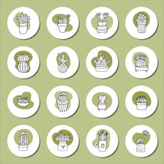 set cactus, signs for blogging.Set with cacti and succulents.Hand drawn round templates for contemporary bloggers.Big vector highlights cover icon set for social media.collection for stories