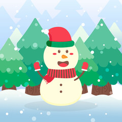 Cute Snowman Christmas Character waving hands on scene winter landscape