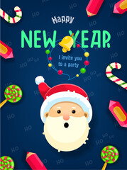 New Year greeting card and party invitation. Flat, cartoon style. Santa Claus with cannets, pencils, gerland and bright text.