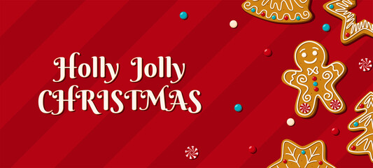 Christmas cards with homemade gingerbread cookies on a red background. Holly Jolly Christmas phrase. Vector illustration