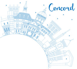 Outline Concord New Hampshire City Skyline with Blue Buildings and Copy Space.