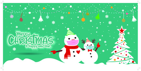 Merry christmas and happy new year snowman wearing medical masks pine and new year holiday decorations Health care ideas for celebrating the viral holiday season.
