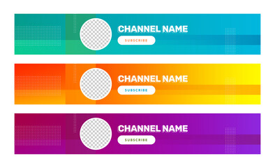 Youtube modern neon streaming service channel banner template set of three in gradient colours, motivational, productivity, tutorial design elements. social media platform resources. graphic motifs.	
