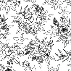 Black and white, roses bouquets floral pattern, black outline handmade illustration over white background.