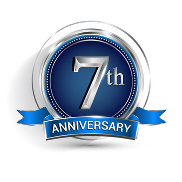 Celebrating 7th anniversary logo, with silver ring and ribbon isolated on white background.