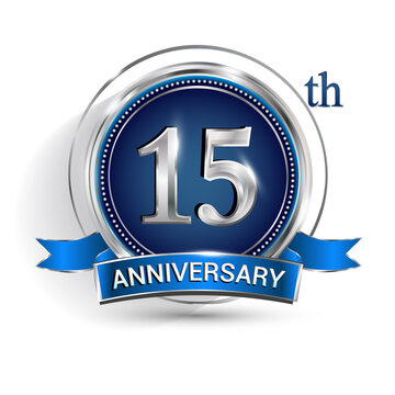 Celebrating 15th anniversary logo, with silver ring and ribbon isolated on white background.