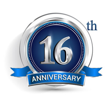 Celebrating 16th anniversary logo, with silver ring and ribbon isolated on white background.