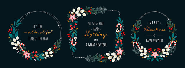 Christmas wreaths made of branches, leaves and berries. Set of greeting frames.