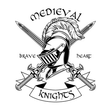Medieval knight accessories vector illustration. Armor, helmet with feather, crossed swords and brave heart text. Guard and protection concept for emblems or badges templates