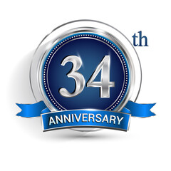Celebrating 34th anniversary logo, with silver ring and ribbon isolated on white background.
