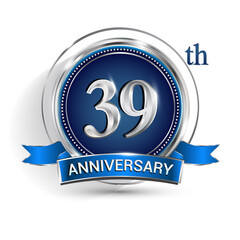 Celebrating 39th anniversary logo, with silver ring and ribbon isolated on white background.