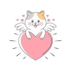 Cute cupid cat hanging in big love symbol vector