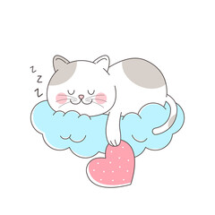 Cute cat sleeping in the cloud hanging love symbol vector