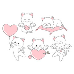Valentine cute cat sticker with many pose vector