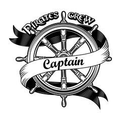 Ship insignia vector illustration. Vintage wooden rudder with pirate crew captain text. Nautical adventure or treasure hunting concept for emblems or labels templates © Bro Vector