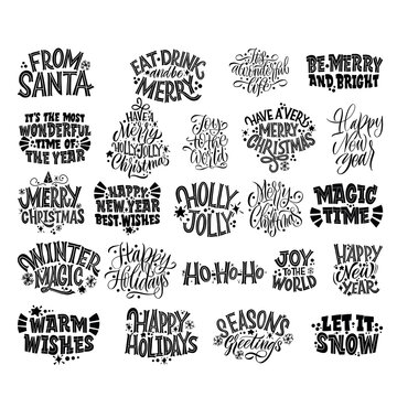 Happy New Year, typography lettering badge emblems quotes set collection. Great lettering for greeting cards, stickers, banners, prints and home interior decor. Xmas card. Merry Christmas 2021.