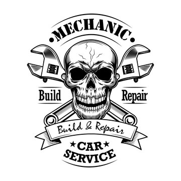 Car mechanic vector illustration. Monochrome skull, crossed wrenches build and repair text. Car service or garage concept for emblems or labels templates