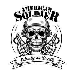 American soldier skull vector illustration. Head of skeleton in tankman helmet, two grenades and liberty or death text. Military or army concept for emblems or tattoo templates