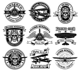 Retro stickers for flying academy vector illustration set. Vintage monochrome pilot skull and aircraft isolated vector illustration collection. Airplane festival concept can be used for template © Bro Vector