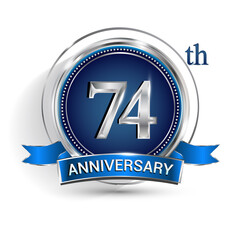 Celebrating 74th anniversary logo, with silver ring and ribbon isolated on white background.