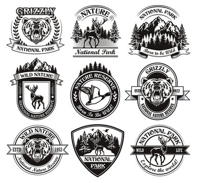Monochrome national park emblems vector illustration set. Vintage signs or sticker with animals and landscape. Wild nature and adventure concept can be used for stickers and badges