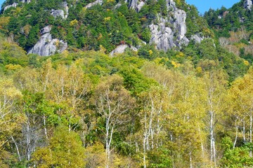 秋のカラフルな紅葉と岩肌が美しい山の風景　-日本、山梨県、みずがきやま
